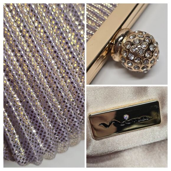 Nina Aneka Nordstrom Rose Gold Pleated Clutch With Gold Chain Formal Wedding - Picture 2 of 7